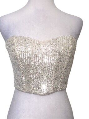 Aakaa Size S Set The Night Sequin Top Beige Smocked Strapless Bandeau Top